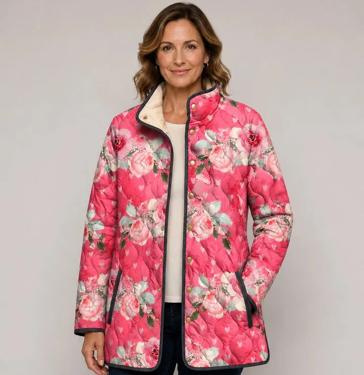 Raija | Chaqueta acolchada rosa con estampado de rosas