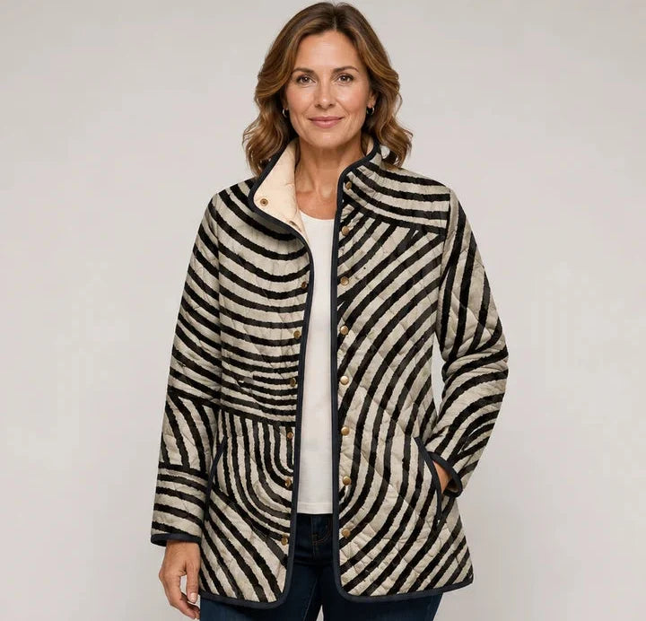 Pirkko | Chaqueta acolchada a rayas en negro y beige