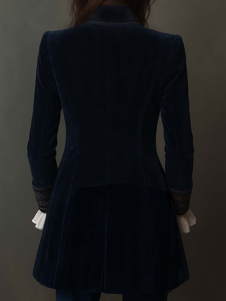 María | Chaqueta Vintage Bordada de Larga en Azul Marino