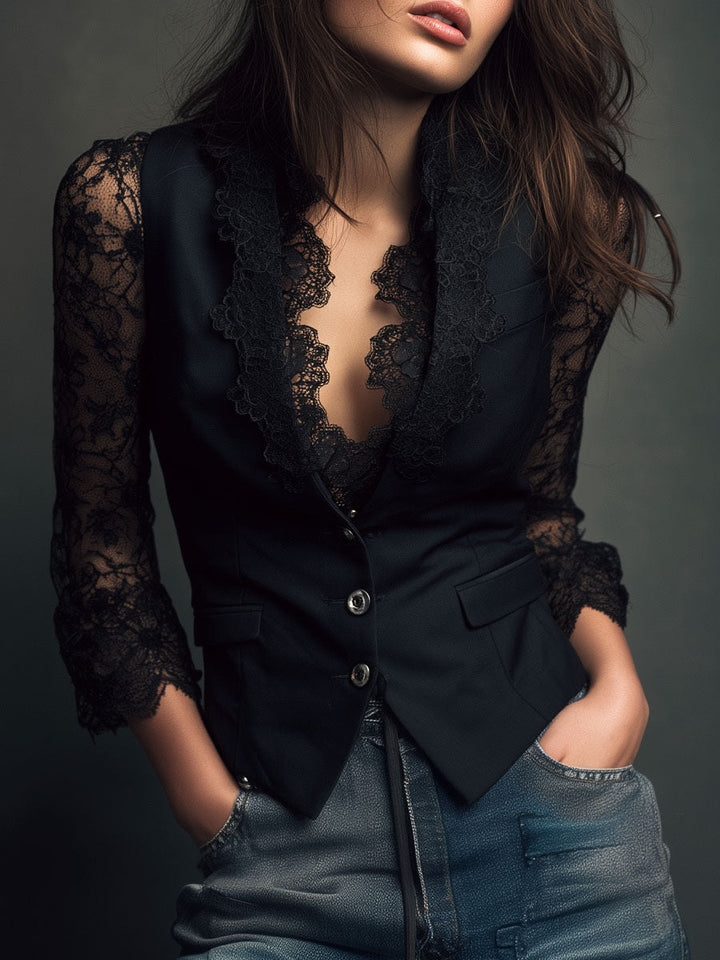 Lucía | Blazer Negro de Corte Alto con Mangas Semitransparentes