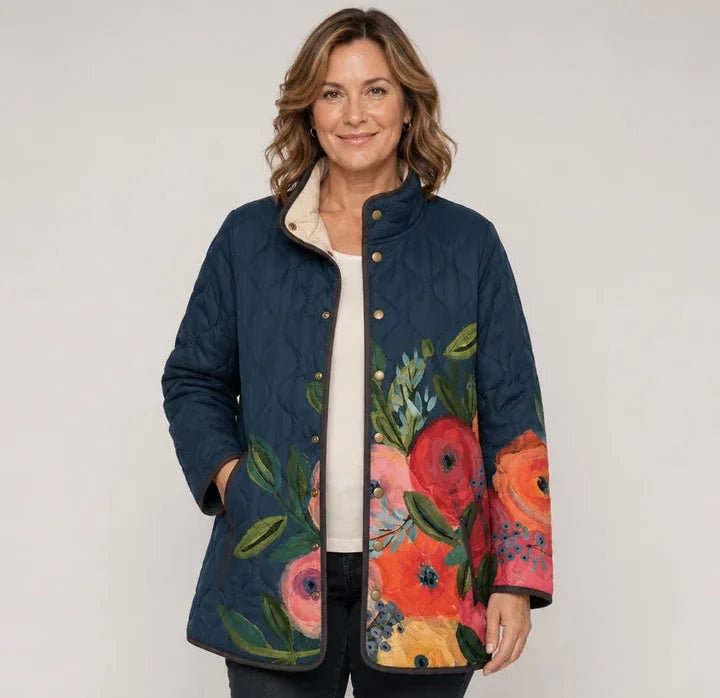 Vuokko | Chaqueta acolchada con estampado de amapolas en azul marino