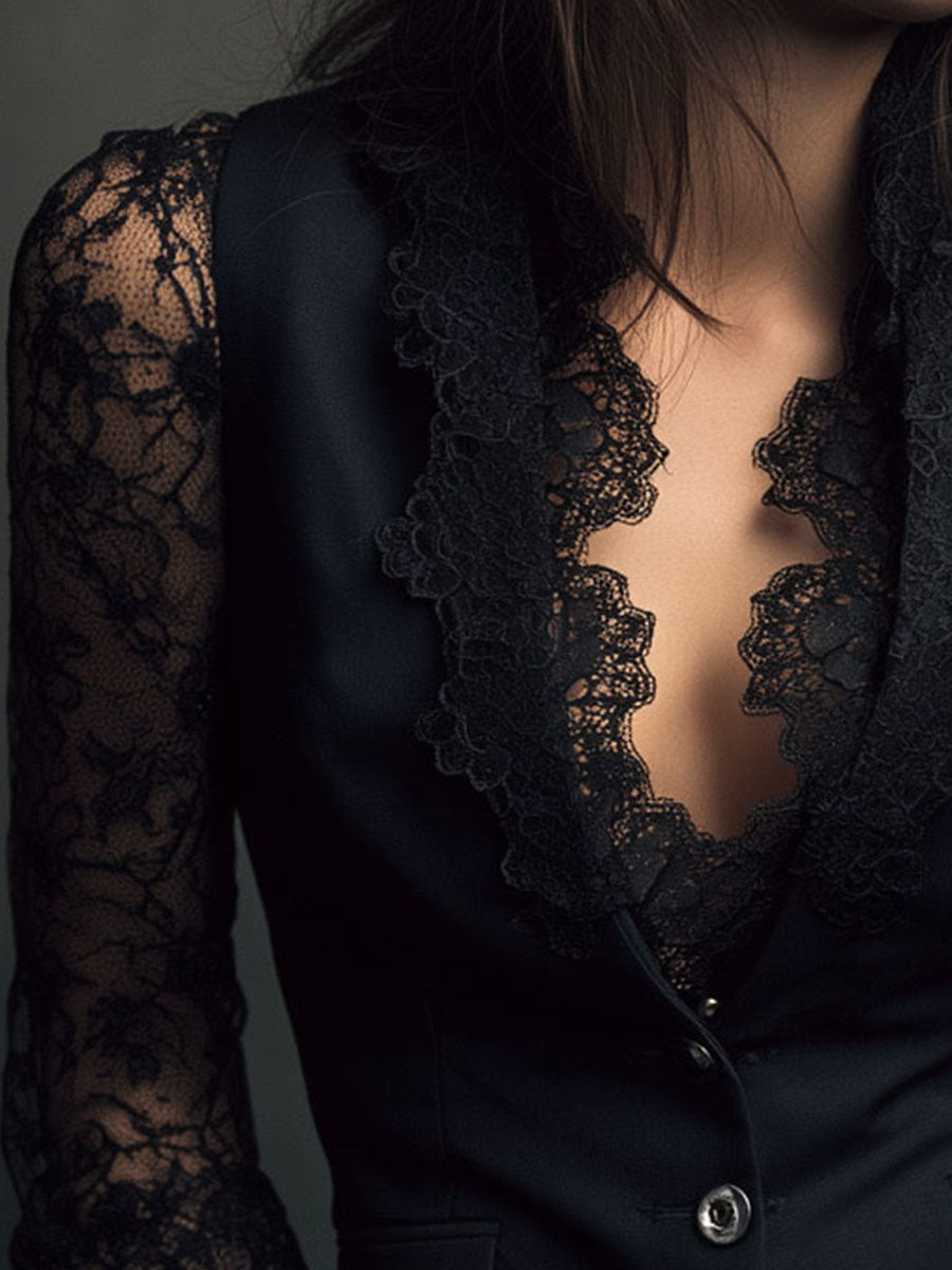 Lucía | Blazer Negro de Corte Alto con Mangas Semitransparentes