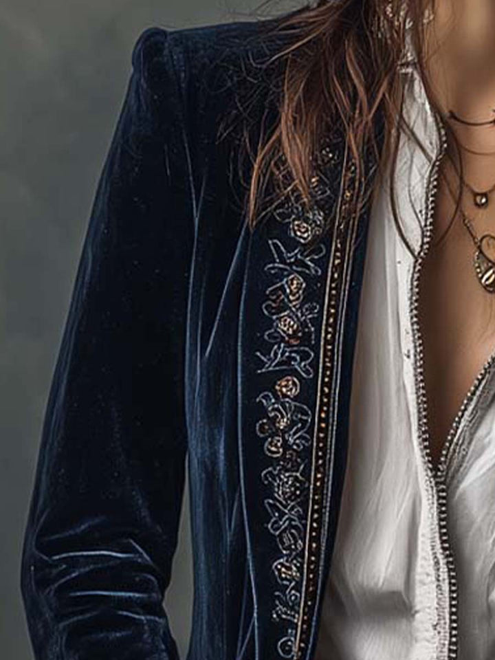 María | Chaqueta Vintage Bordada de Larga en Azul Marino