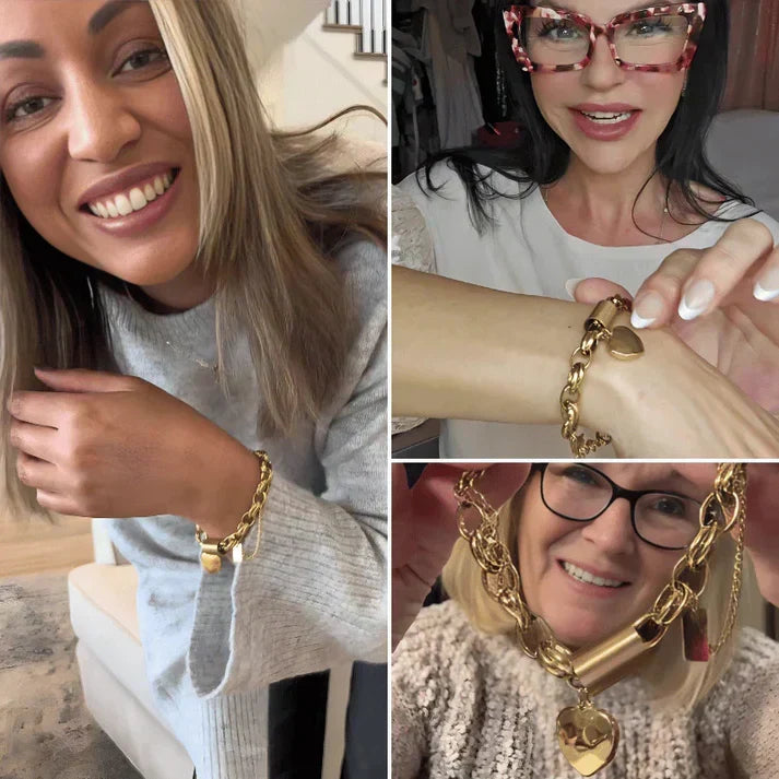 Pulsera Ancha con Corazones en Oro