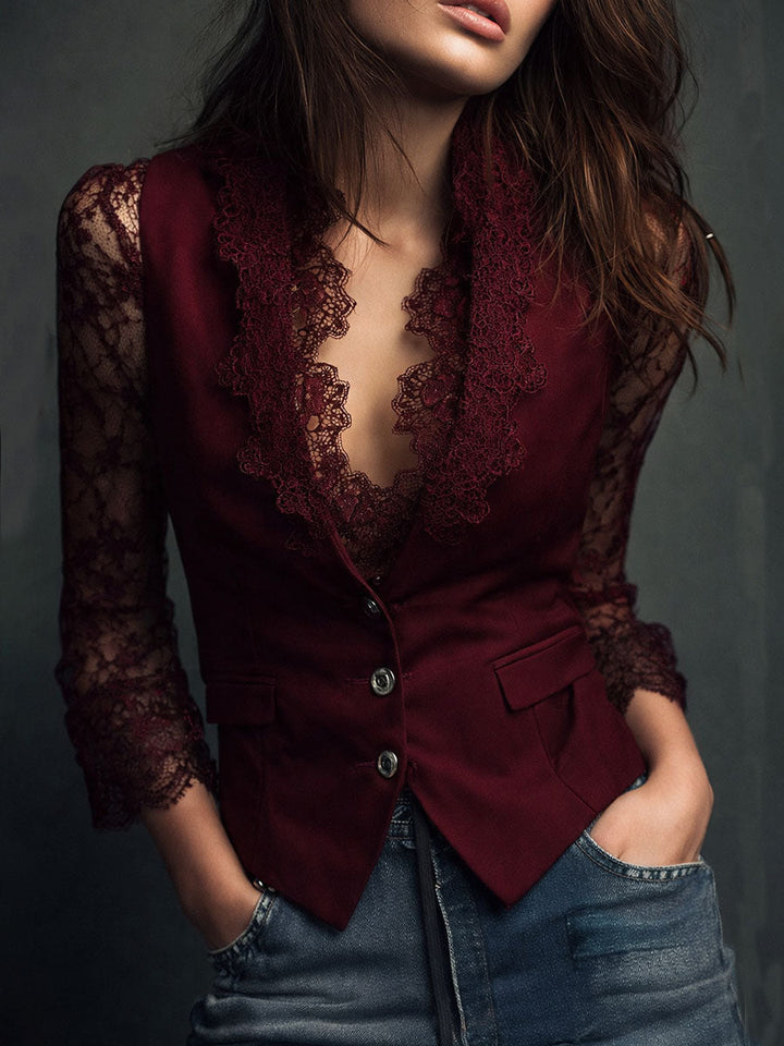 Lucía | Blazer Negro de Corte Alto con Mangas Semitransparentes