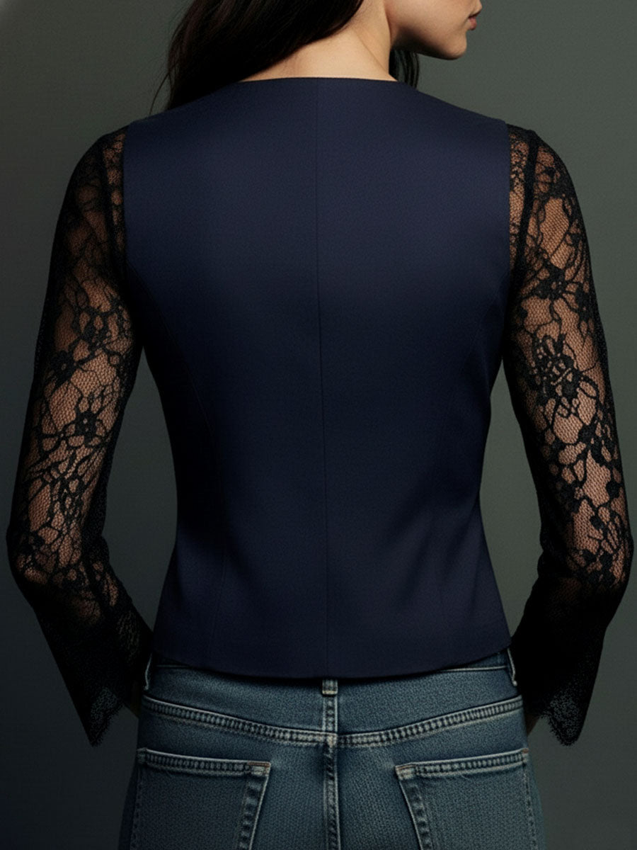 Lucía | Blazer Negro de Corte Alto con Mangas Semitransparentes