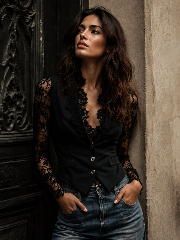 Lucía | Blazer Negro de Corte Alto con Mangas Semitransparentes
