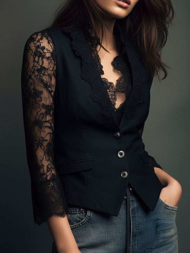 Lucía | Blazer Negro de Corte Alto con Mangas Semitransparentes
