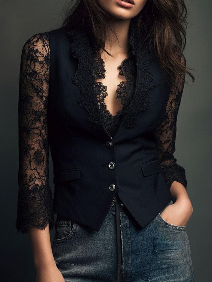 Lucía | Blazer Negro de Corte Alto con Mangas Semitransparentes