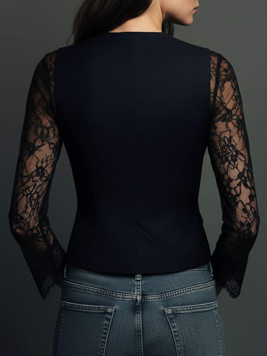 Lucía | Blazer Negro de Corte Alto con Mangas Semitransparentes