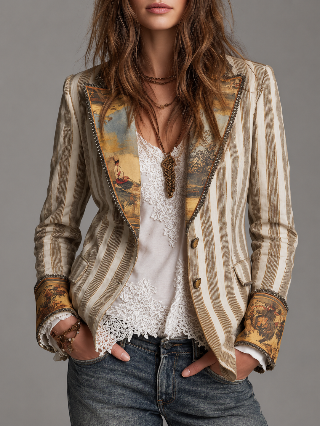 Claudia | Blazer Bohemio a Rayas con Cuello Estampado