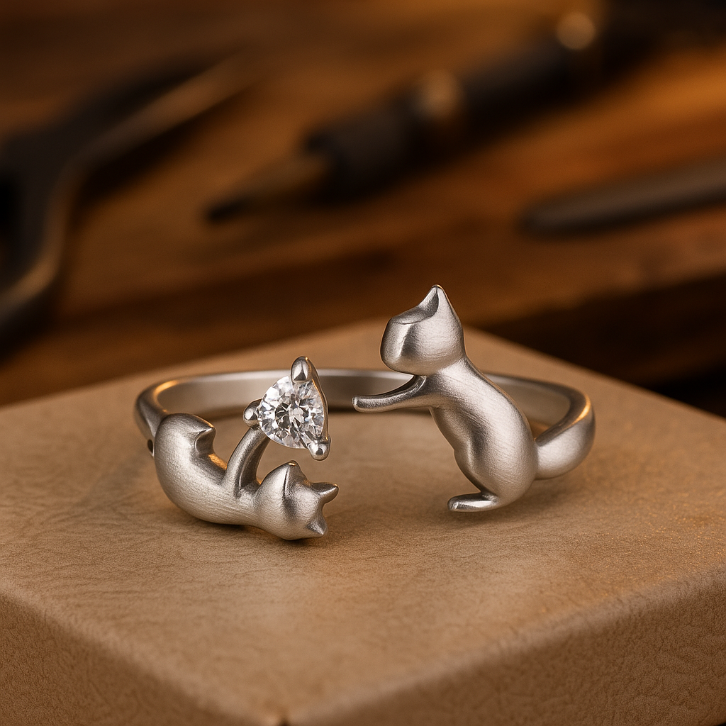 Anillo ajustable de juguete plateado con diseño de gato y circonita
