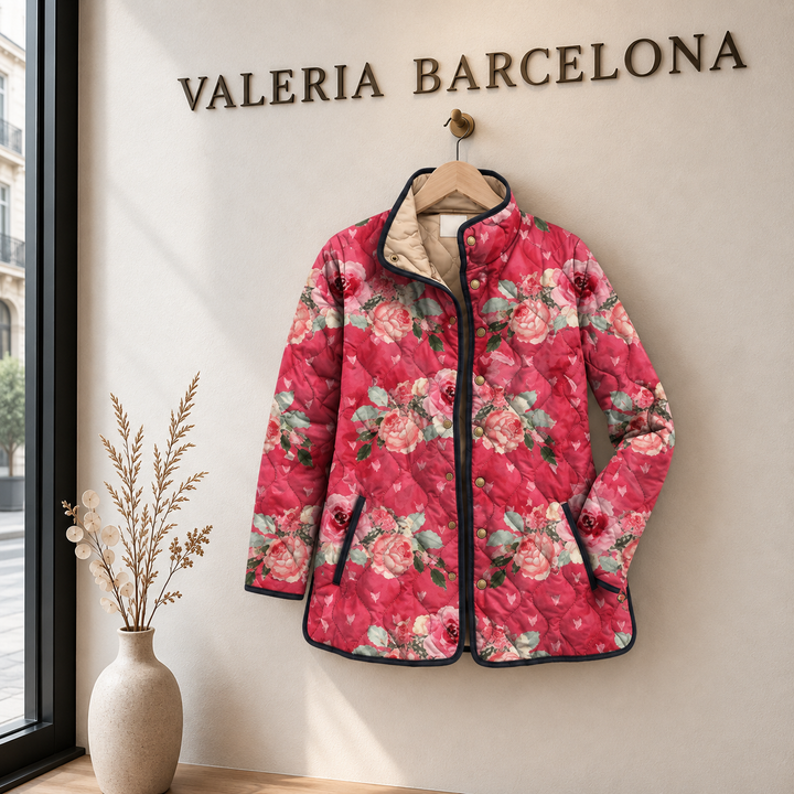 Raija | Chaqueta acolchada rosa con estampado de rosas