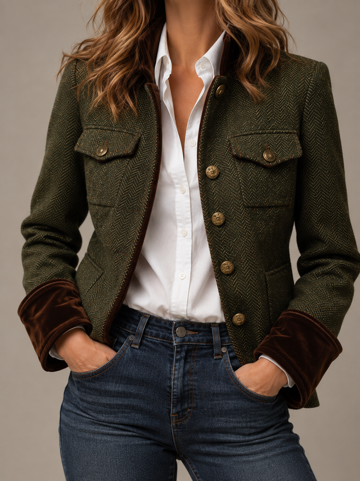 Marta | Blazer Vintage con Chevron y Detalles en Contraste