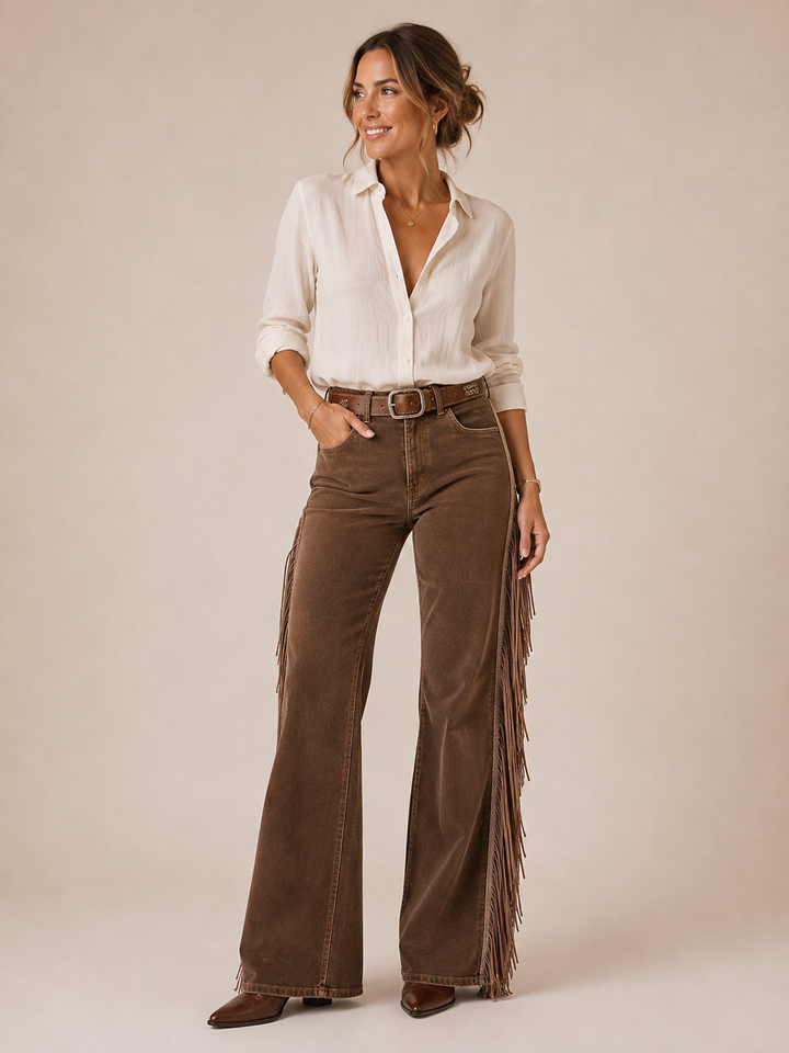 Lorena | Pantalón Vaquero Campana con Flecos Mujer Cintura Alta