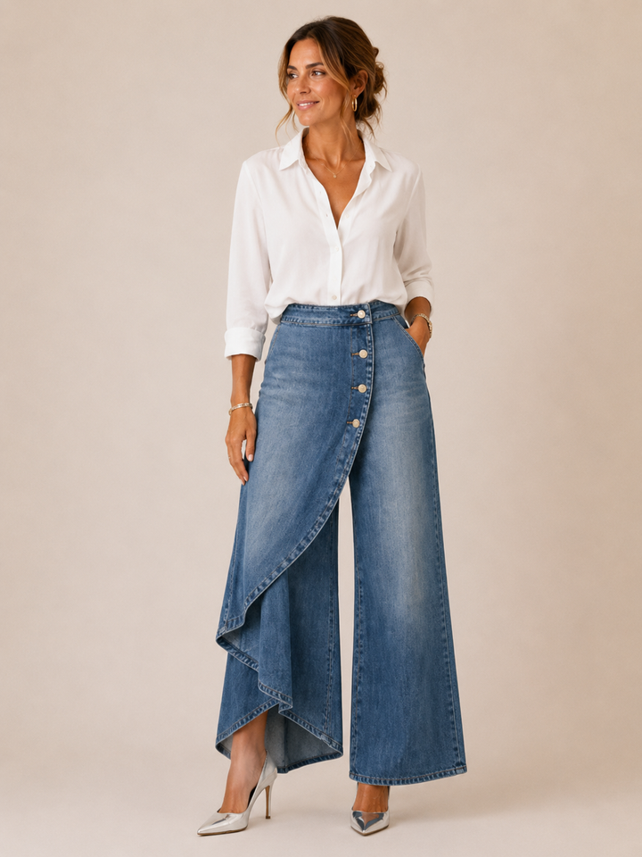 Leticia | Pantalón Vaquero Palazzo Asimétrico Mujer Botones Pierna Ancha