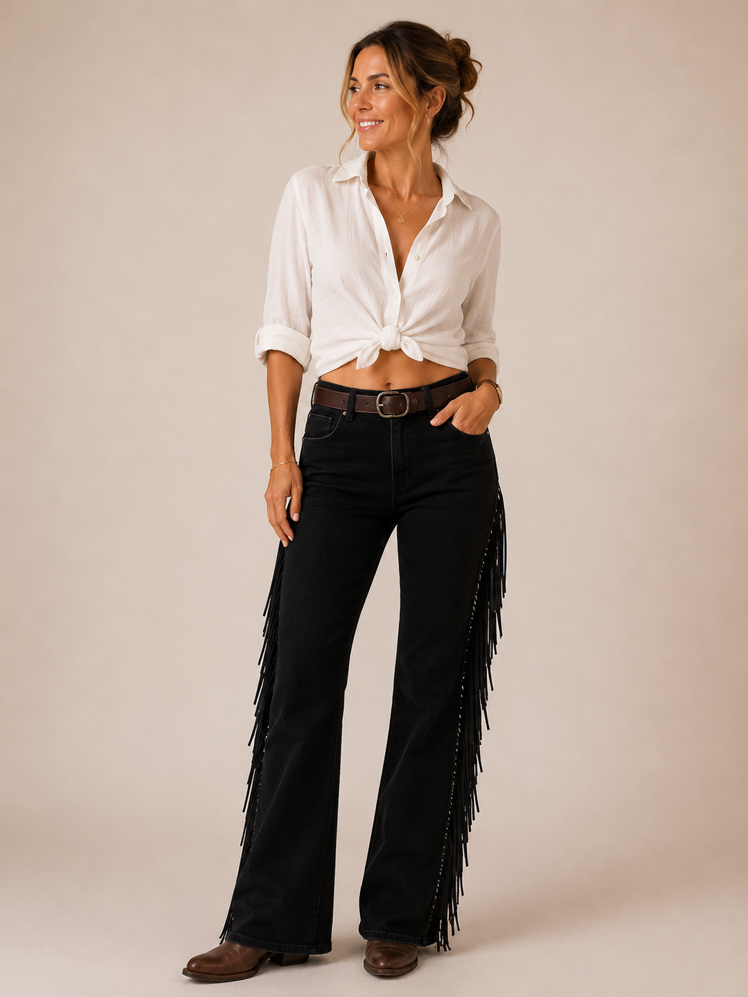 Lorena | Pantalón Vaquero Campana con Flecos Mujer Cintura Alta