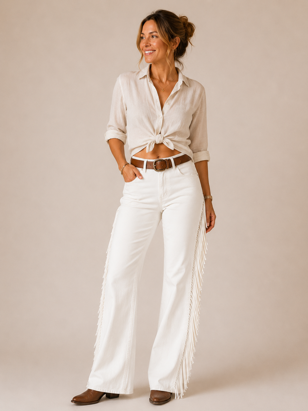 Lorena | Pantalón Vaquero Campana con Flecos Mujer Cintura Alta