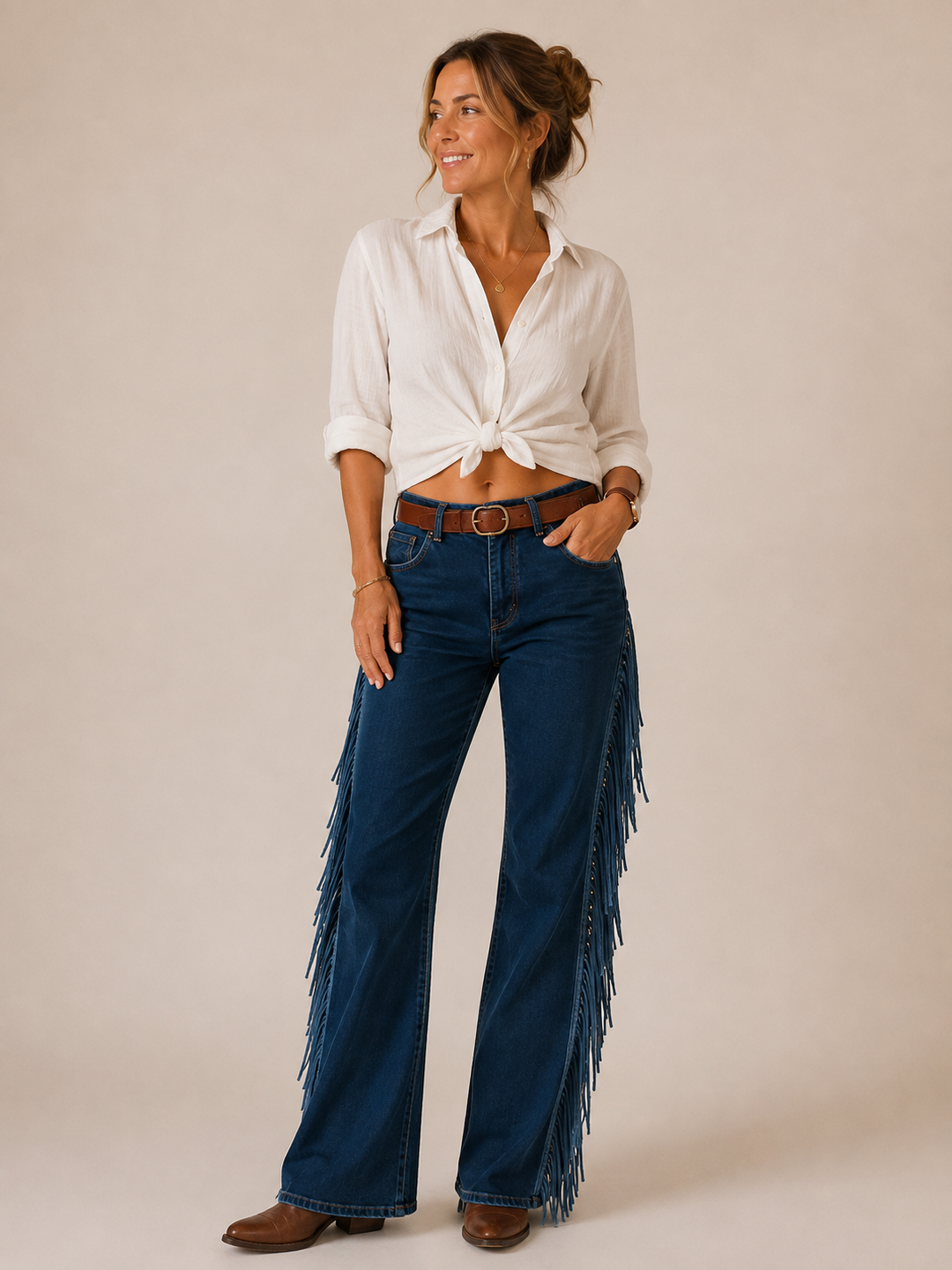Lorena | Pantalón Vaquero Campana con Flecos Mujer Cintura Alta