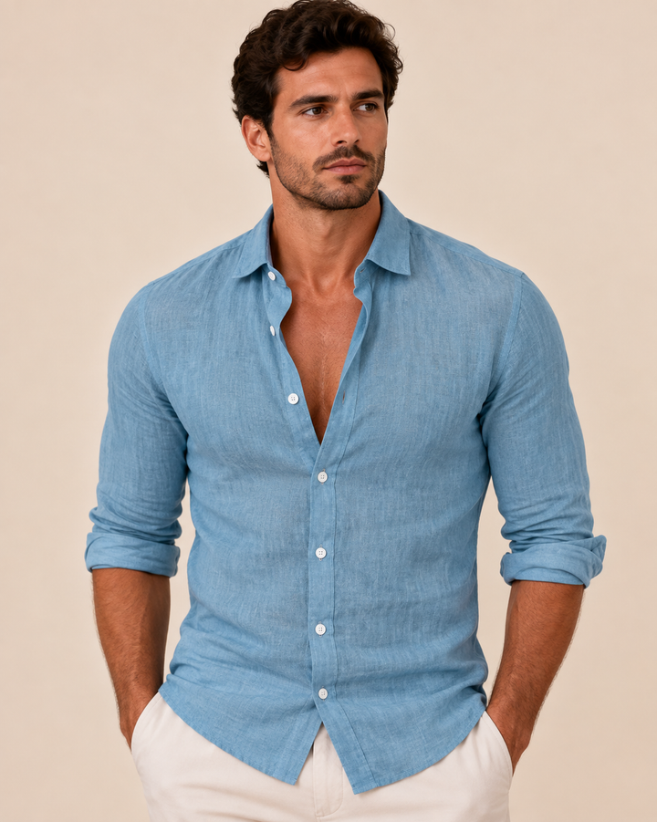 Aitor | Camisa de Lino de Manga Larga Hombre Cuello Abierto Slim Fit