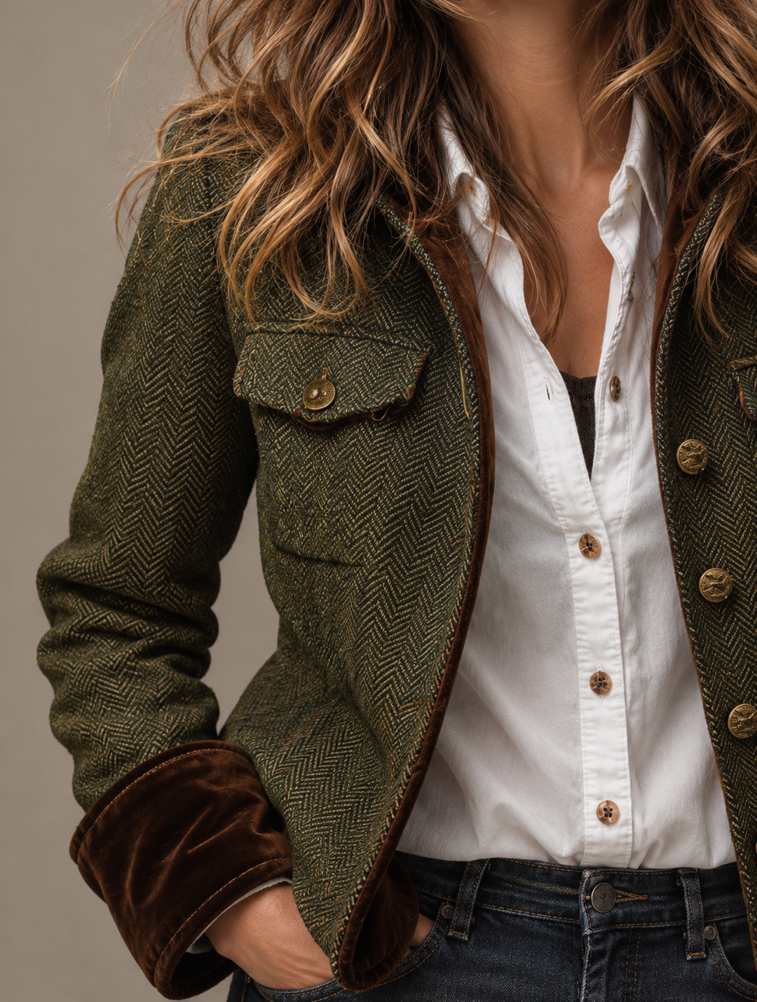 Marta | Blazer Vintage con Chevron y Detalles en Contraste