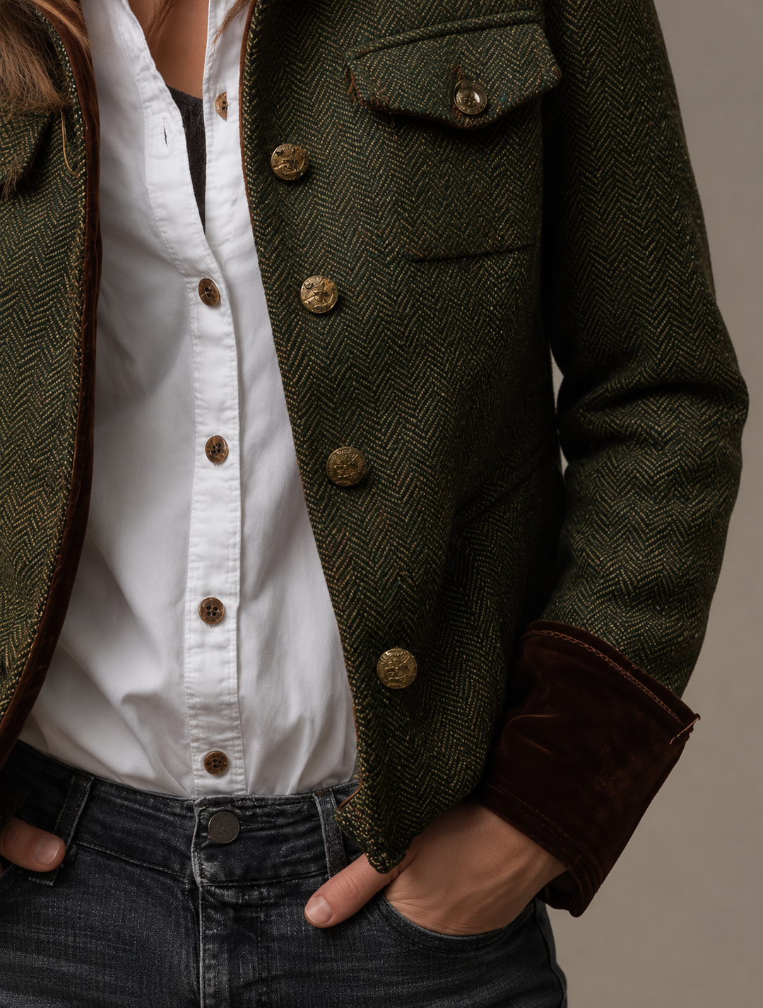 Marta | Blazer Vintage con Chevron y Detalles en Contraste