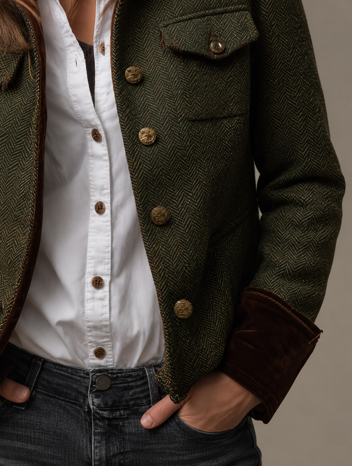 Marta | Blazer Vintage con Chevron y Detalles en Contraste