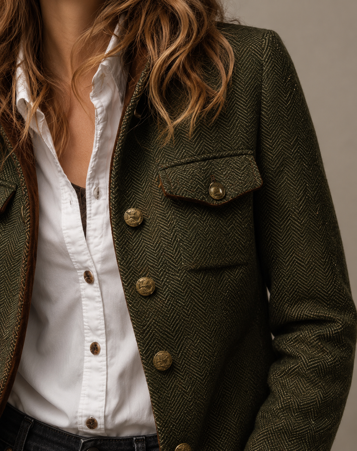 Marta | Blazer Vintage con Chevron y Detalles en Contraste