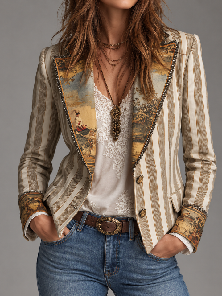 Claudia | Blazer Bohemio a Rayas con Cuello Estampado