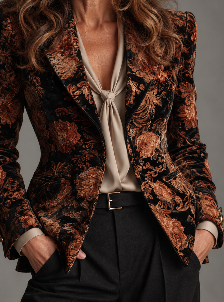 Paula | Blazer Tailleur con Estampado Floral en Negro y Bronce