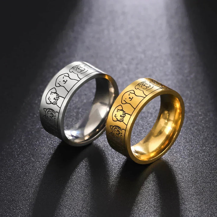 Anillo de acero inoxidable con diseño grabado de perros – Ancho y elegante para mujeres