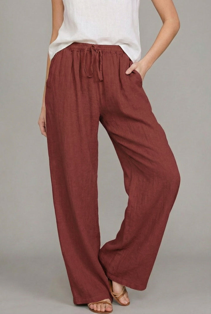 Abril | Pantalón de Lino Pierna Ancha Mujer Cintura Elástica Cordón
