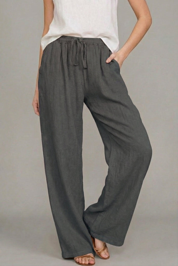 Abril | Pantalón de Lino Pierna Ancha Mujer Cintura Elástica Cordón