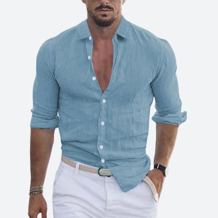 Aitor | Camisa de Lino de Manga Larga Hombre Cuello Abierto Slim Fit