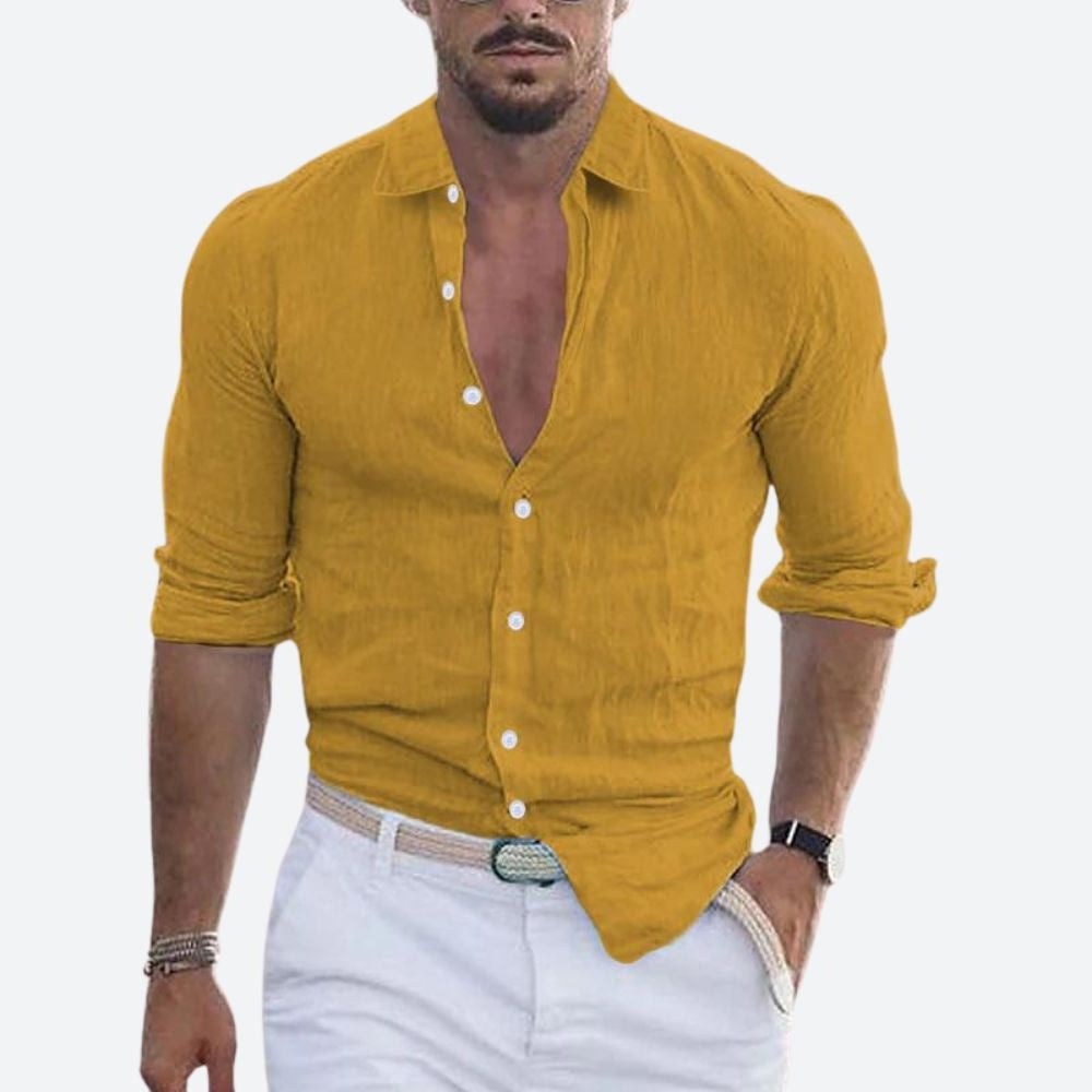 Aitor | Camisa de Lino de Manga Larga Hombre Cuello Abierto Slim Fit