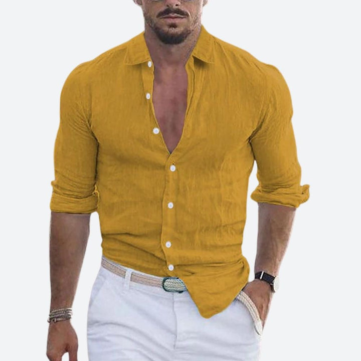 Aitor | Camisa de Lino de Manga Larga Hombre Cuello Abierto Slim Fit