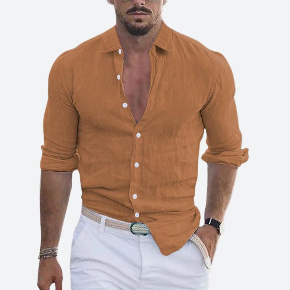 Aitor | Camisa de Lino de Manga Larga Hombre Cuello Abierto Slim Fit