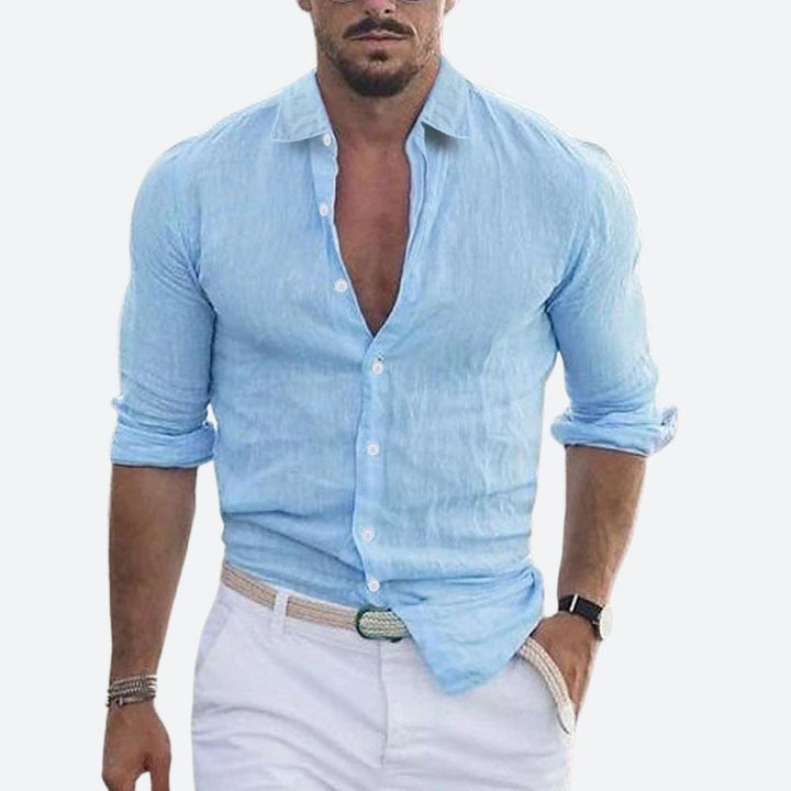 Aitor | Camisa de Lino de Manga Larga Hombre Cuello Abierto Slim Fit