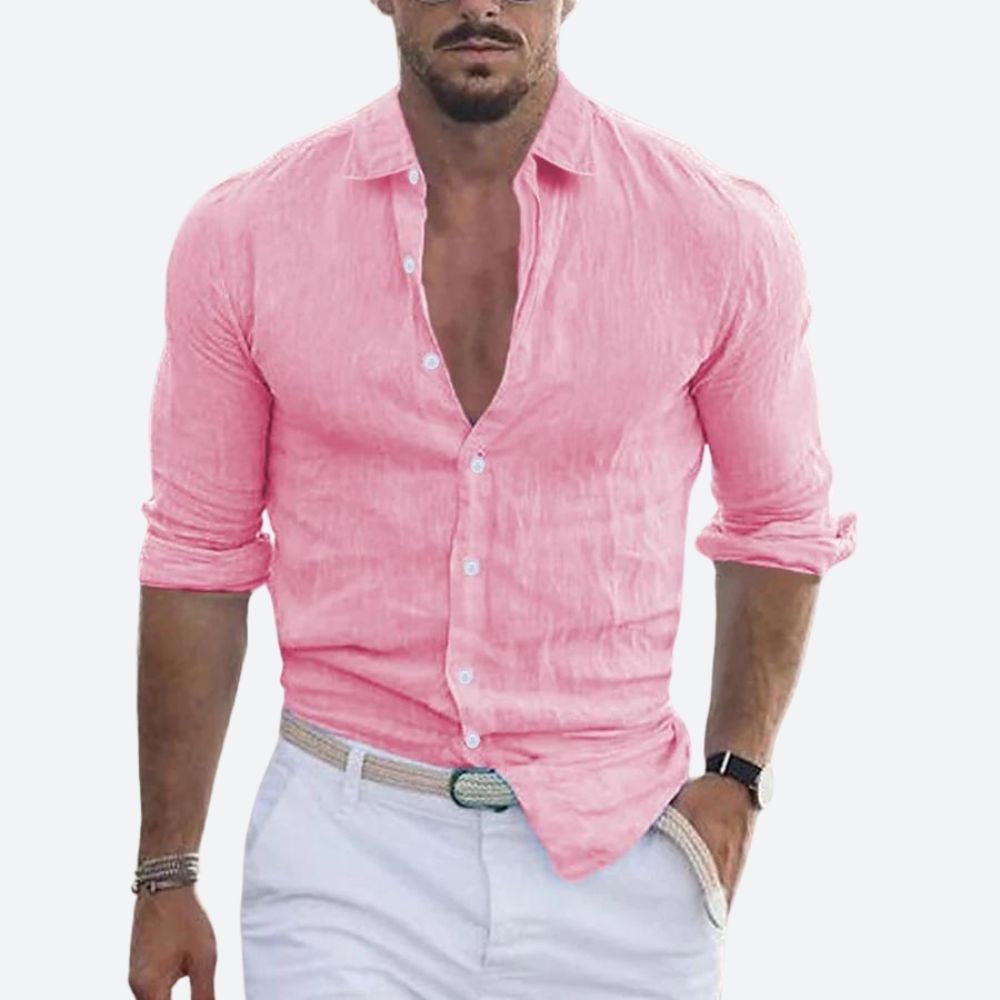 Aitor | Camisa de Lino de Manga Larga Hombre Cuello Abierto Slim Fit