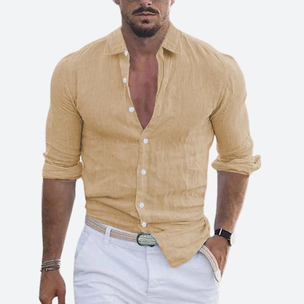 Aitor | Camisa de Lino de Manga Larga Hombre Cuello Abierto Slim Fit