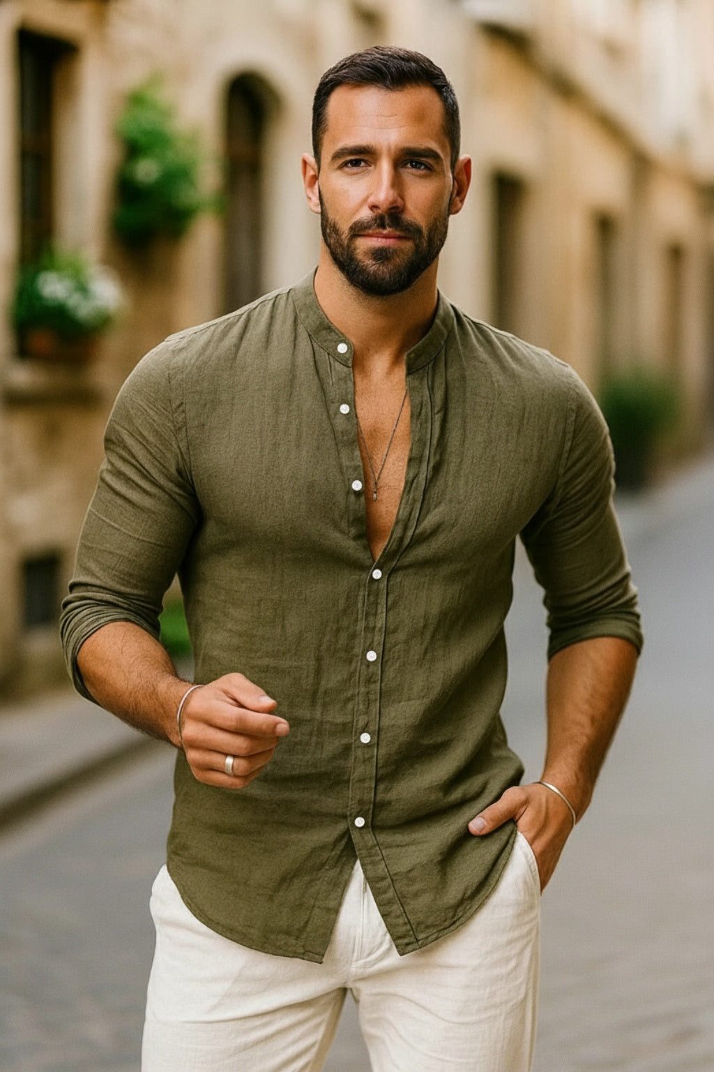 Gonzalo | Camisa de Lino de Manga Larga Hombre Cuello Mao
