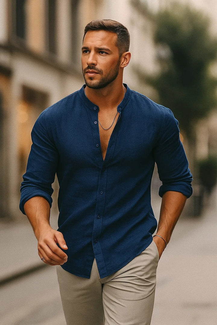 Gonzalo | Camisa de Lino de Manga Larga Hombre Cuello Mao