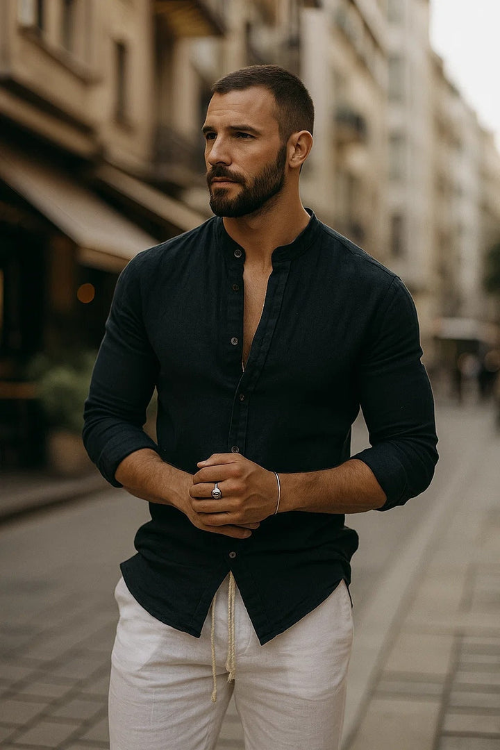 Gonzalo | Camisa de Lino de Manga Larga Hombre Cuello Mao