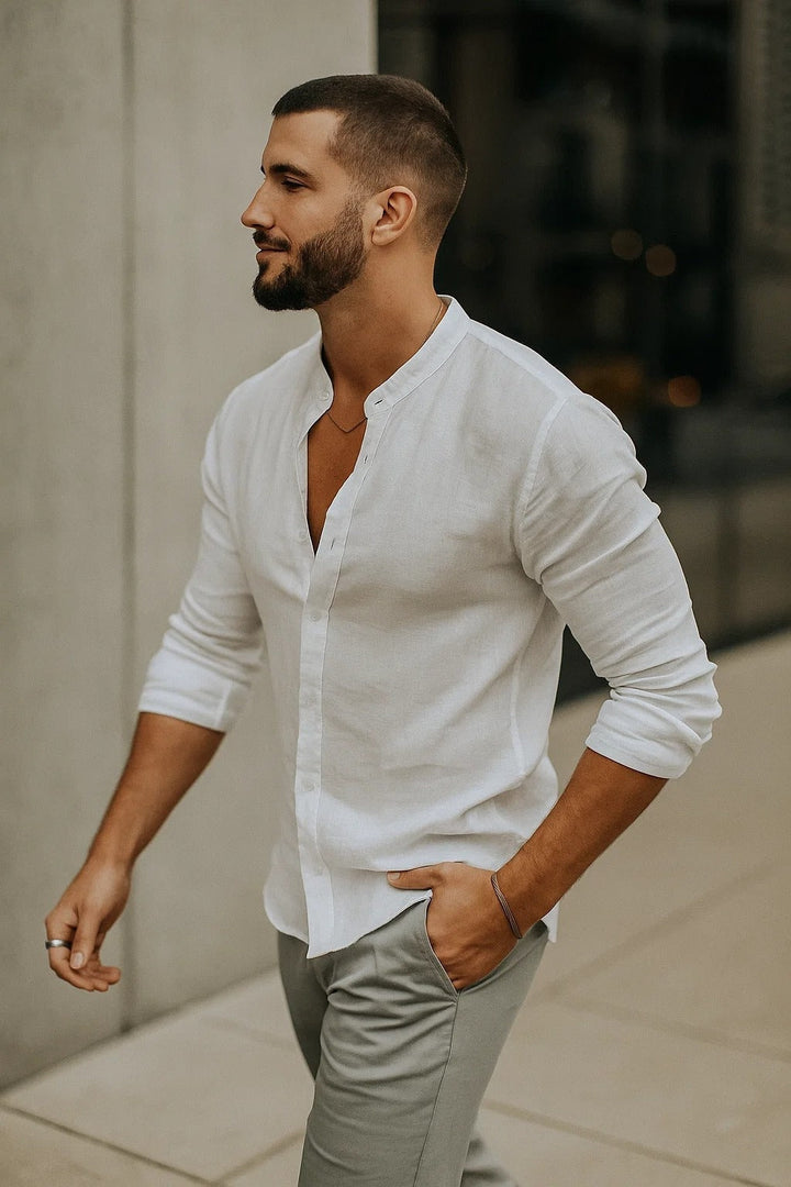 Gonzalo | Camisa de Lino de Manga Larga Hombre Cuello Mao