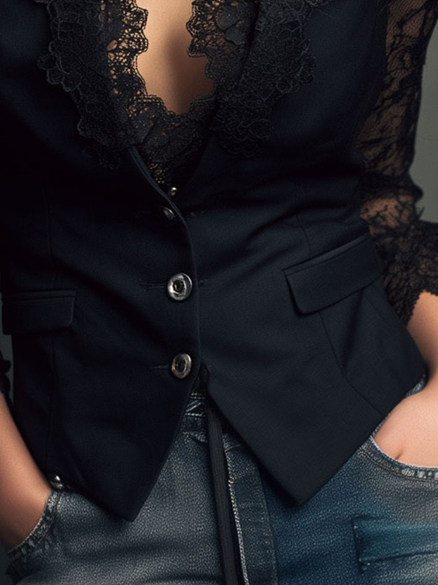 Lucía | Blazer Negro de Corte Alto con Mangas Semitransparentes