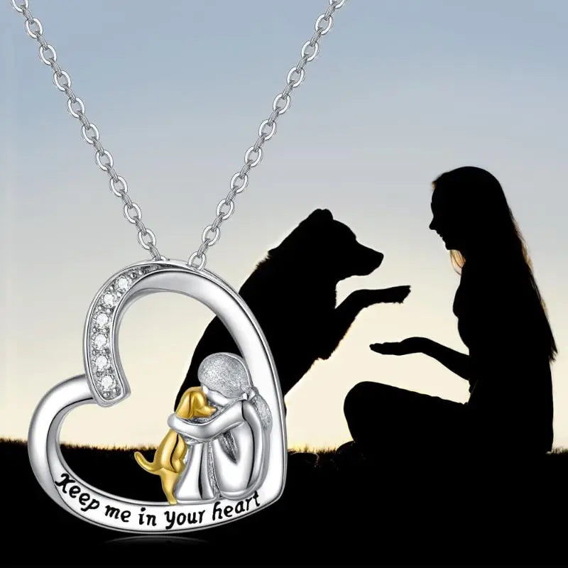 Collar de Suerte con Diseño de Corazón y Perro – Collar de Plata de Ley 925 con Circonitas