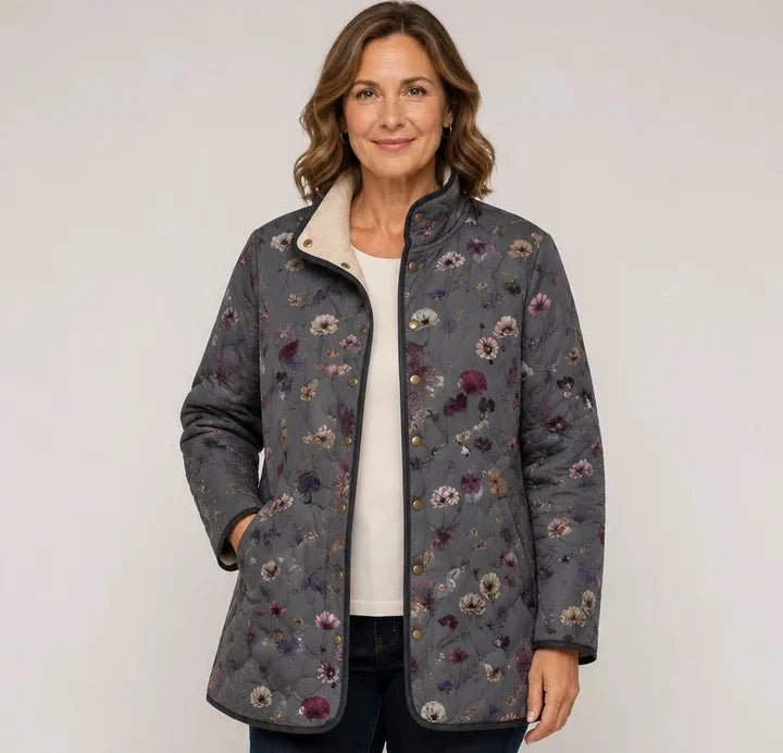 Sirpa | Chaqueta acolchada gris oscuro con estampado floral
