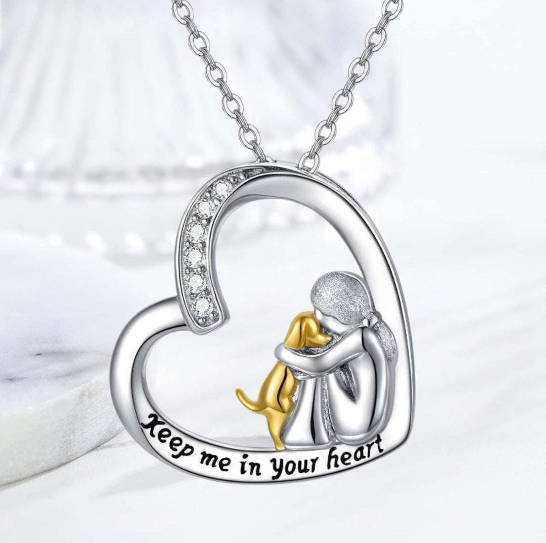 Collar de Suerte con Diseño de Corazón y Perro – Collar de Plata de Ley 925 con Circonitas