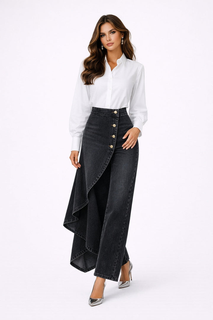 Leticia | Pantalón Vaquero Palazzo Asimétrico Mujer Botones Pierna Ancha