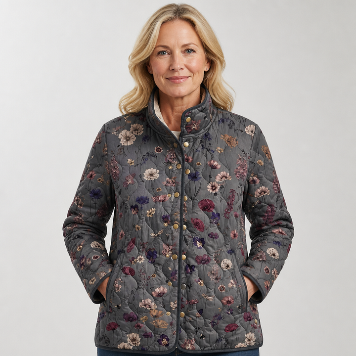 Sirpa | Chaqueta acolchada gris oscuro con estampado floral